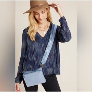Cloth & Stone Anthropologie Dotted Herringbone Blouse Top Boho Office Blue M